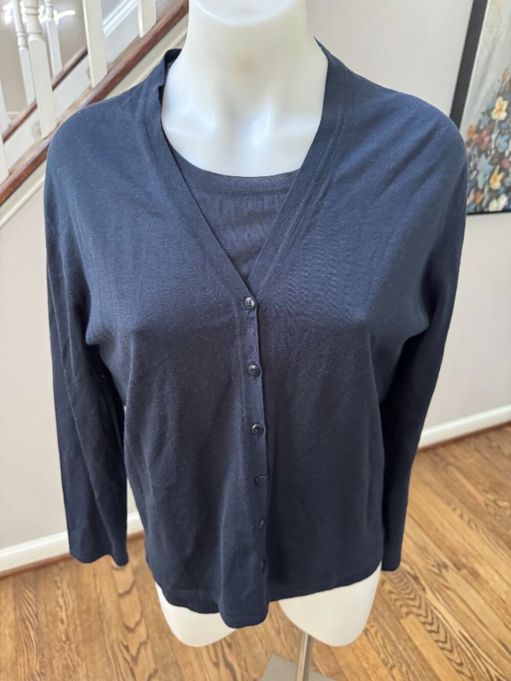 TSE Cashmere 100% Super Fine Wool 2 Piece Sweater Set Cardigan Blue Large